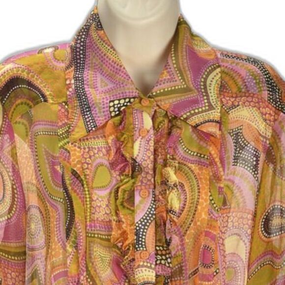 Dana Buckman 70s Orange Mod Silk Chiffon Button Down Blouse Size 14 - Picture 3 of 4